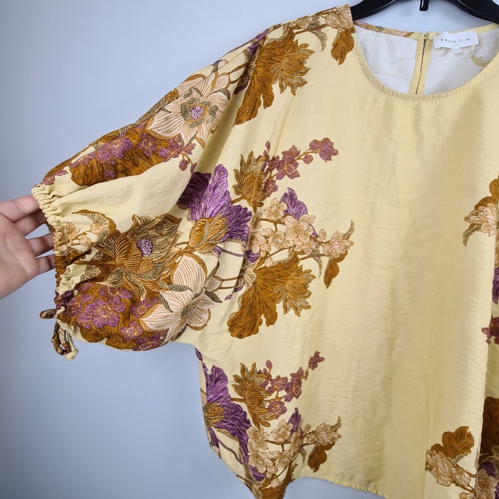 Entro Womens 1X Yellow Floral Boho Blouse Ruched Tie Sleeve Rayon Top Earthy Art - Picture 10 of 11